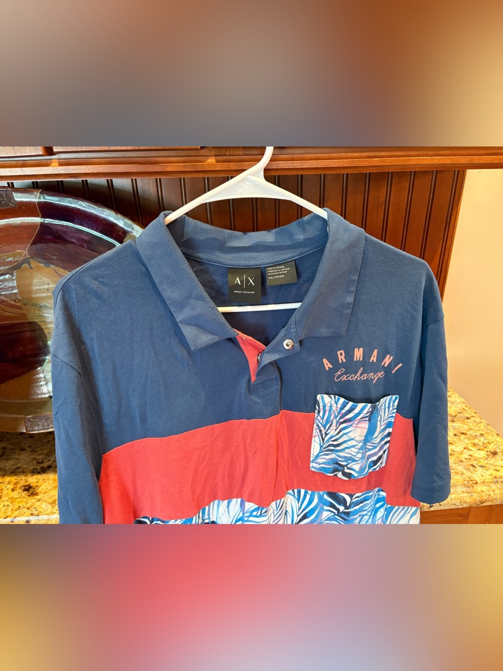 Armani Exchange men’s polo. Sharp blue & red with tropical print & logo. 2XL - Picture 3 of 5